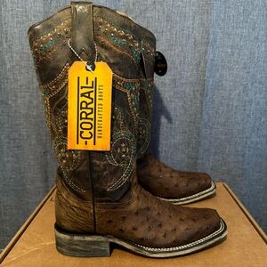 Corral Women's Embroidered Top Honey Ostrich Print Western Boot A4045 Size 6